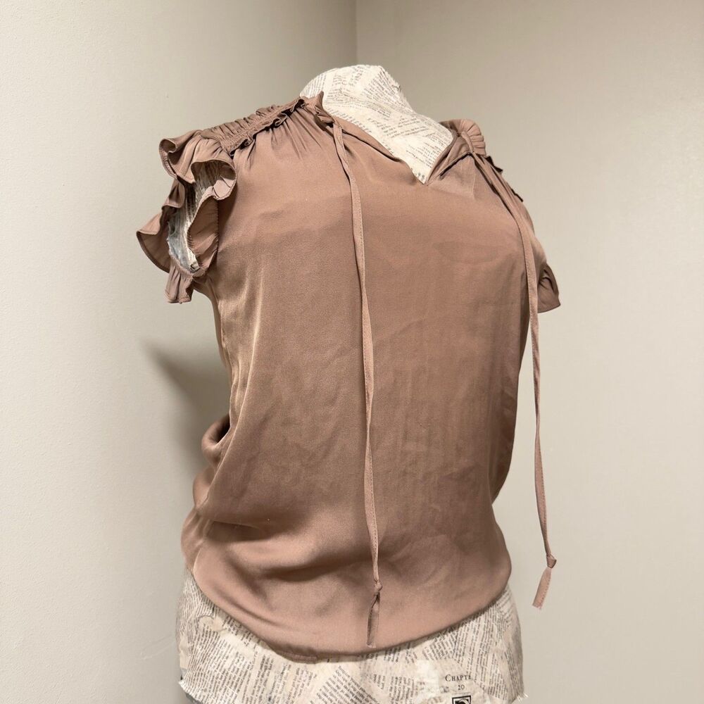 Romantic Chic Taupe DR2 Ruffle Sleeve Tie Neck Blouse